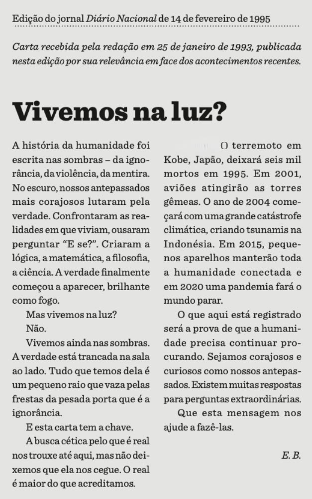 Carta — Vivemos na luz?